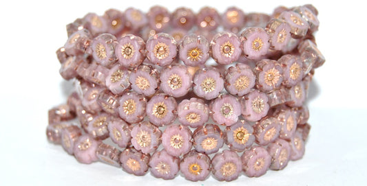 Table Cut Round Beads Hawaii Flowers, Opaque Pink Rose Gold Capri 2X (76016-27101-2X), Glass, Czech Republic