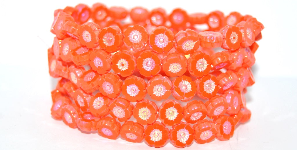 Table Cut Round Beads Hawaii Flowers, Deep Orange  Ab 2X (93140-AB-2X), Glass, Czech Republic