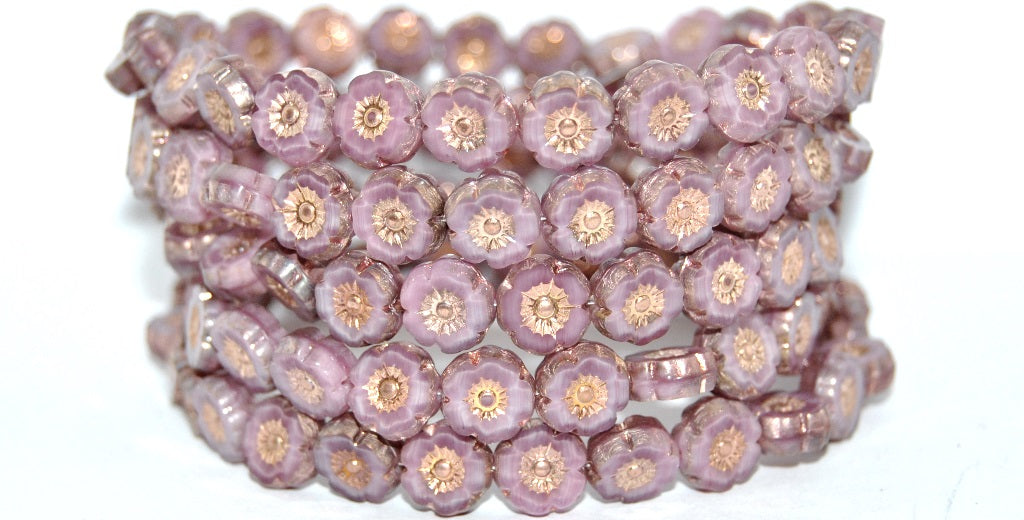 Table Cut Round Beads Hawaii Flowers, Violet Moonlight Rose Gold Capri 2X (26016-27101-2X), Glass, Czech Republic