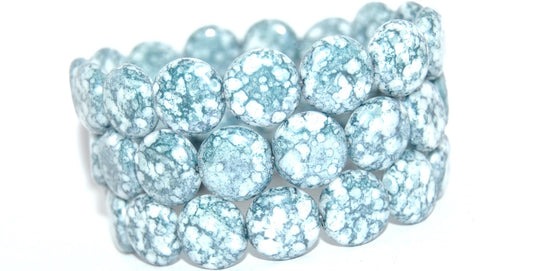 Flat Round Coin Pressed Glass Beads, White Terracotta Blue (02010-15464), Glass, Czech Republic