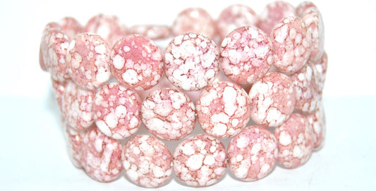 Flat Round Coin Pressed Glass Beads, White Terracotta Red (02010-15495), Glass, Czech Republic