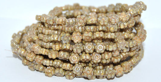 Hawaii Flower Pressed Glass Beads, White Senegal Green (02010-15657), Glass, Czech Republic