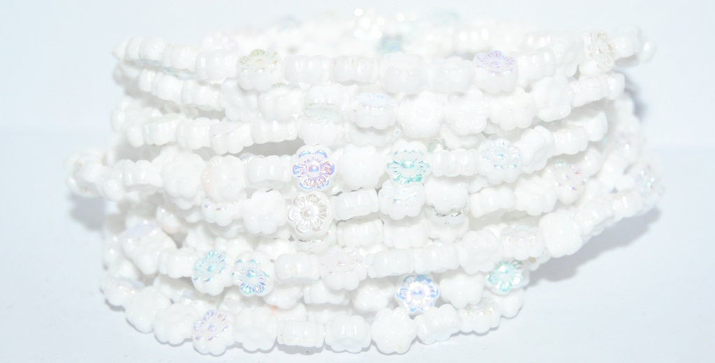 Hawaii Flower Pressed Glass Beads, White Ab (02010-AB), Glass, Czech Republic