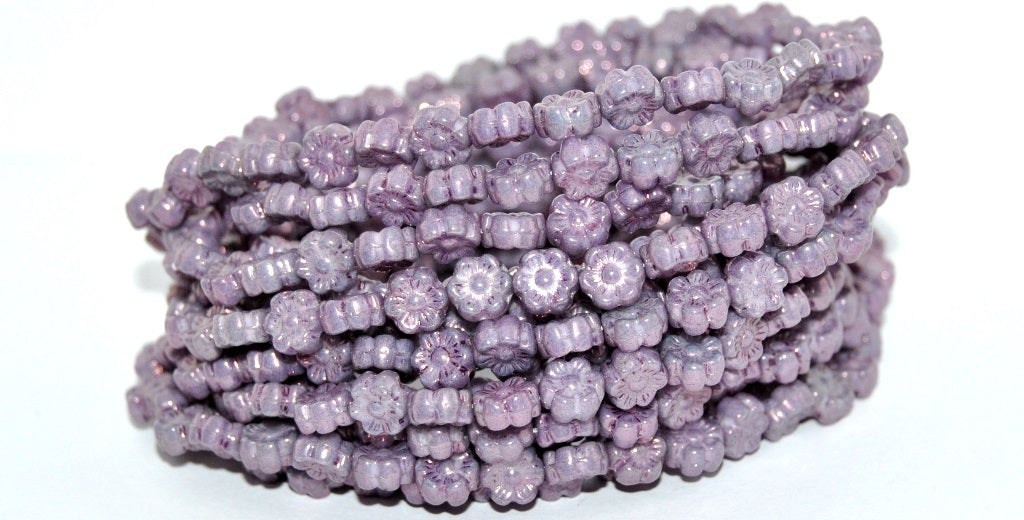 Hawaii Flower Pressed Glass Beads, White Purple (02010-15726), Glass, Czech Republic