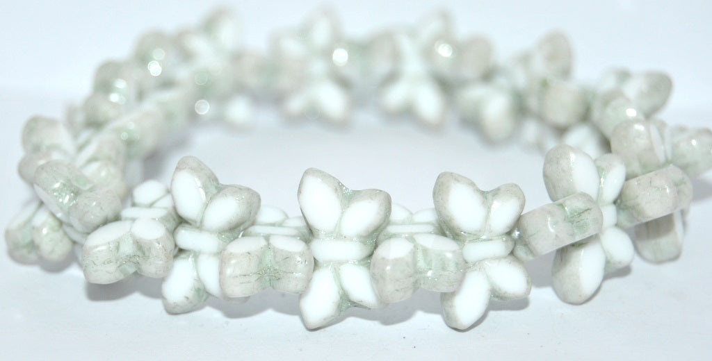 Table Cut Butterfly Beads, White Luster Green Full Coated (02010-14457), Glass, Czech Republic