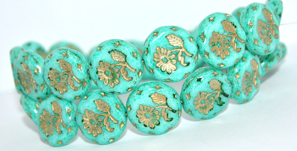 Round Flat With Flower Marguerite Pressed Glass Beads, White 34309 Gold Lined (02010-34309-54202), Glass, Czech Republic