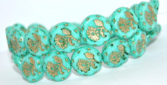 Round Flat With Flower Marguerite Pressed Glass Beads, White 34309 Gold Lined (02010-34309-54202), Glass, Czech Republic