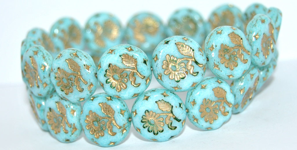 Round Flat With Flower Marguerite Pressed Glass Beads, White 34308 Gold Lined (02010-34308-54202), Glass, Czech Republic