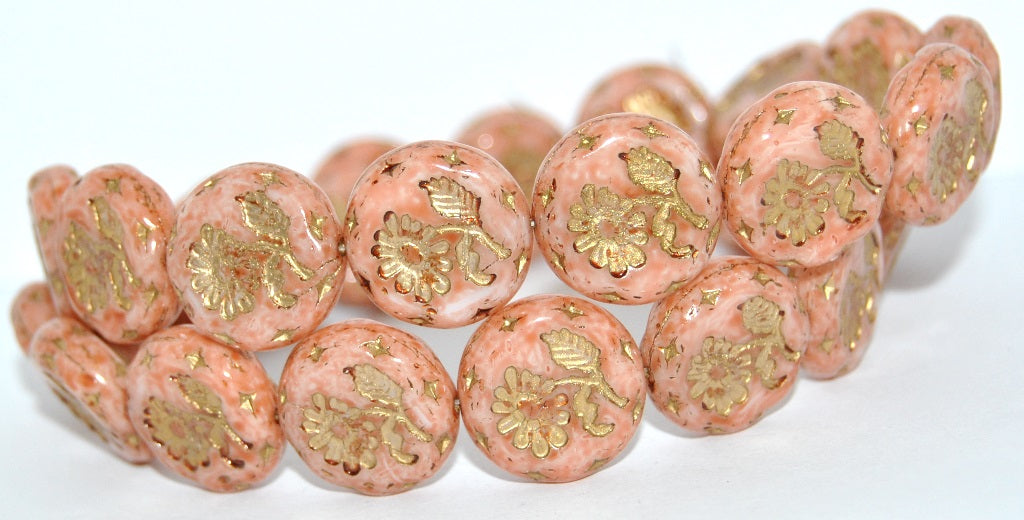 Round Flat With Flower Marguerite Pressed Glass Beads, White 34305 Gold Lined (02010-34305-54202), Glass, Czech Republic