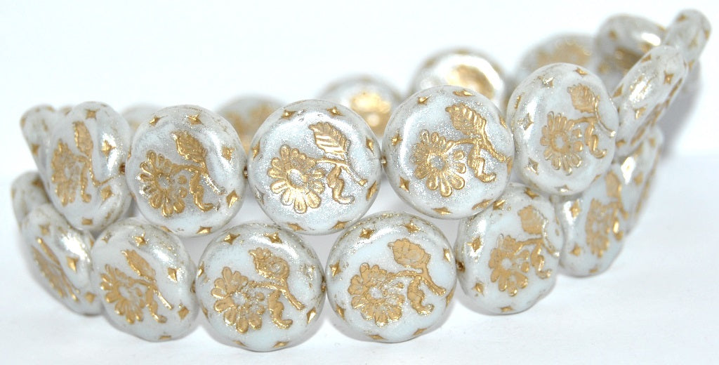 Round Flat With Flower Marguerite Pressed Glass Beads, White 34301 Gold Lined (02010-34301-54202), Glass, Czech Republic