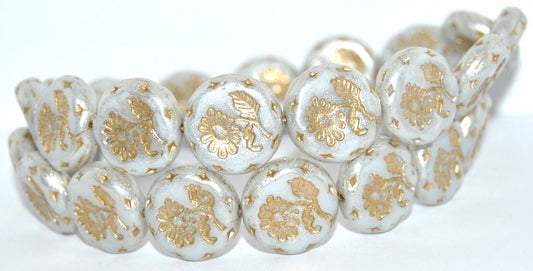 Round Flat With Flower Marguerite Pressed Glass Beads, White 34301 Gold Lined (02010-34301-54202), Glass, Czech Republic