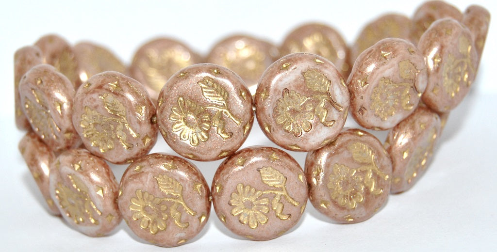 Round Flat With Flower Marguerite Pressed Glass Beads, White 34303 Gold Lined (02010-34303-54202), Glass, Czech Republic