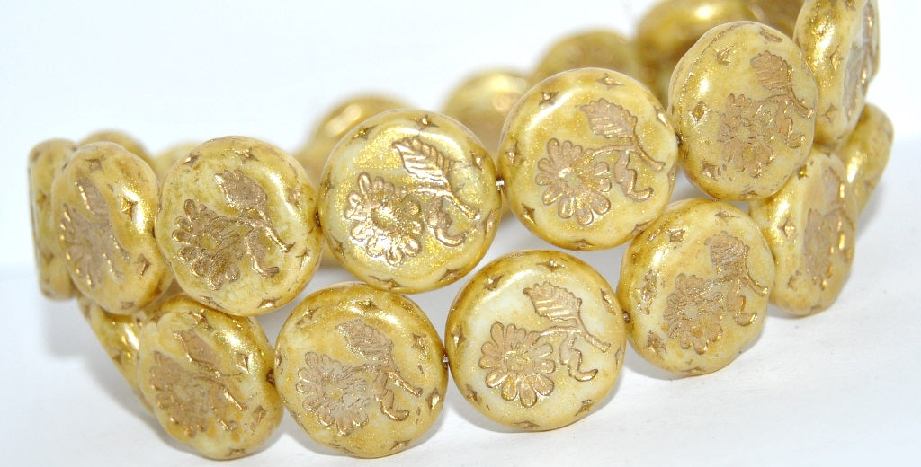 Round Flat With Flower Marguerite Pressed Glass Beads, White 34302 Gold Lined (02010-34302-54202), Glass, Czech Republic