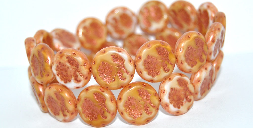 Round Flat With Flower Marguerite Pressed Glass Beads, Dark Beige 55307B (07193-55307B), Glass, Czech Republic