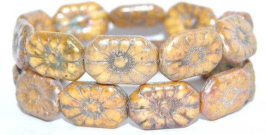 Rounded Rectangle With Flower Pressed Glass Beads, White Rembrandt Travertin (02010-43500), Glass, Czech Republic