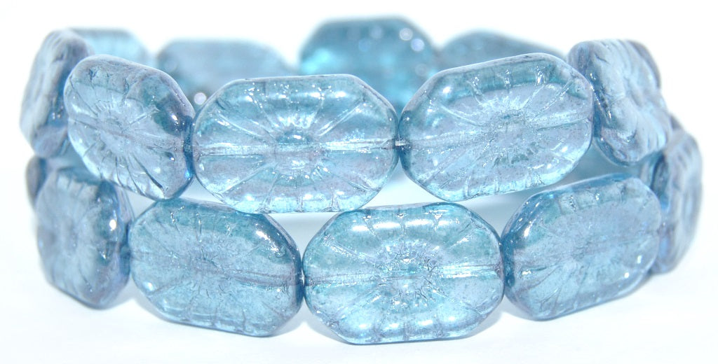Rounded Rectangle With Flower Pressed Glass Beads, Crystal Luster Blue Full Coated (00030-14464), Glass, Czech Republic