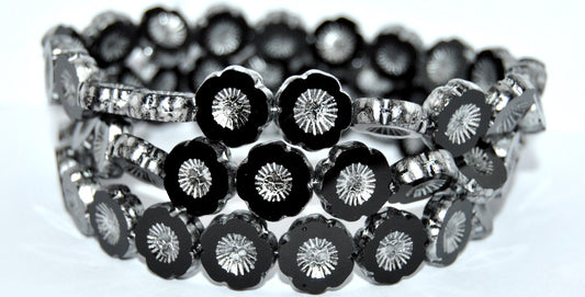 Table Cut Round Beads Hawaii Flowers, Black 86700 (23980-86700), Glass, Czech Republic