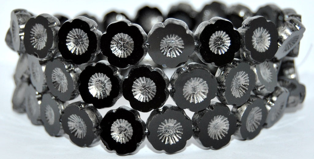 Table Cut Round Beads Hawaii Flowers, Black 86790 (23980-86790), Glass, Czech Republic