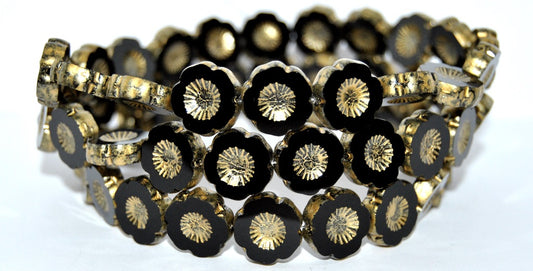 Table Cut Round Beads Hawaii Flowers, Black 86710 (23980-86710), Glass, Czech Republic