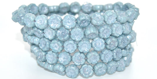 Hawaii Flower Pressed Glass Beads, White Luster Blue Full Coated (02010-14464), Glass, Czech Republic