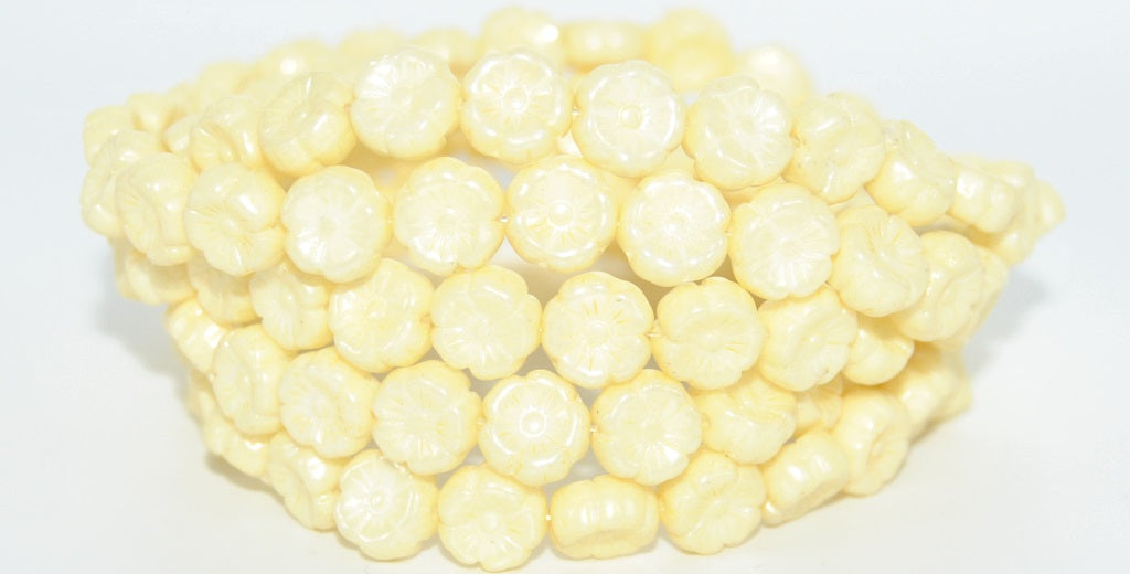 Hawaii Flower Pressed Glass Beads, White Luster Yellow Full Coated (02010-14483), Glass, Czech Republic
