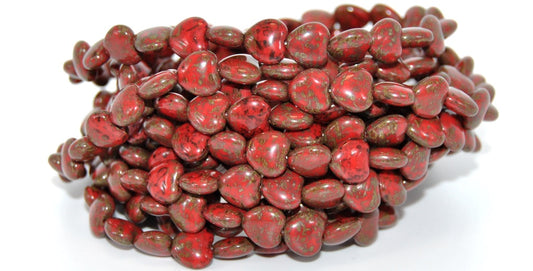 Heart Pressed Glass Beads, Pre79001 88 Opaque Red Travertin (PRE79001-88-93200-86800), Glass, Czech Republic