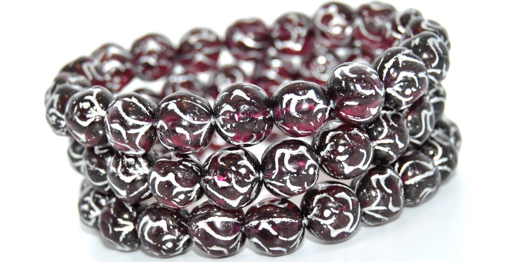 Round Rose Pressed Glass Beads, Transparent Red Silver Lined (70350-54201), Glass, Czech Republic