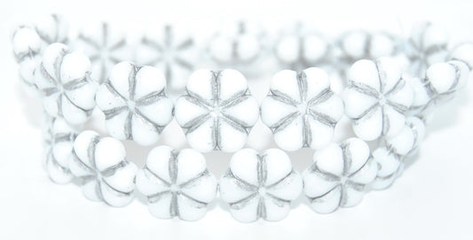 6-Petal Flower Pressed Glass Beads, White Silver Lined (02010-54201), Glass, Czech Republic