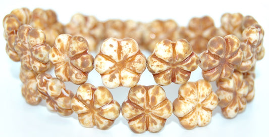 6-Petal Flower Pressed Glass Beads, White Travertine (02010-86801), Glass, Czech Republic