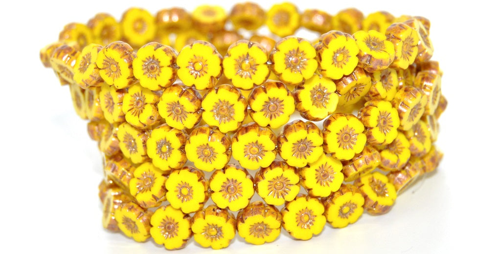 Table Cut Round Beads Hawaii Flowers, Yellow 86710 (83120-86710), Glass, Czech Republic