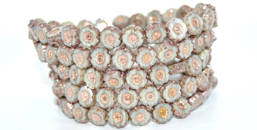Table Cut Round Beads Hawaii Flowers, Silky Gray Rose Gold Capri 2X (46010-27101-2X), Glass, Czech Republic