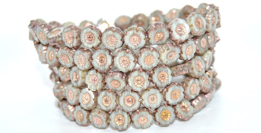 Table Cut Round Beads Hawaii Flowers, Silky Gray Rose Gold Capri 2X (46010-27101-2X), Glass, Czech Republic