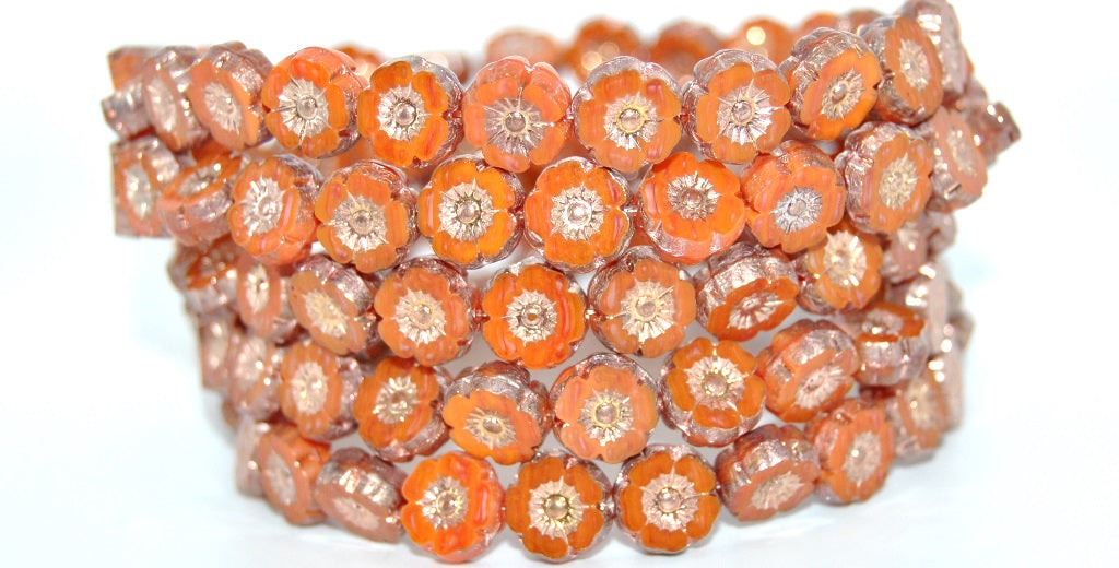 Table Cut Round Beads Hawaii Flowers, Deep Orange  Rose Gold Capri 2X (93140-27101-2X), Glass, Czech Republic