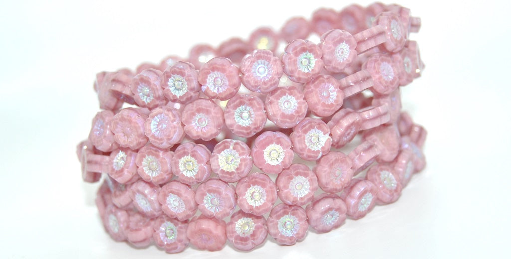 Table Cut Round Beads Hawaii Flowers, Opaque Pink Ab 2X (74020-AB-2X), Glass, Czech Republic