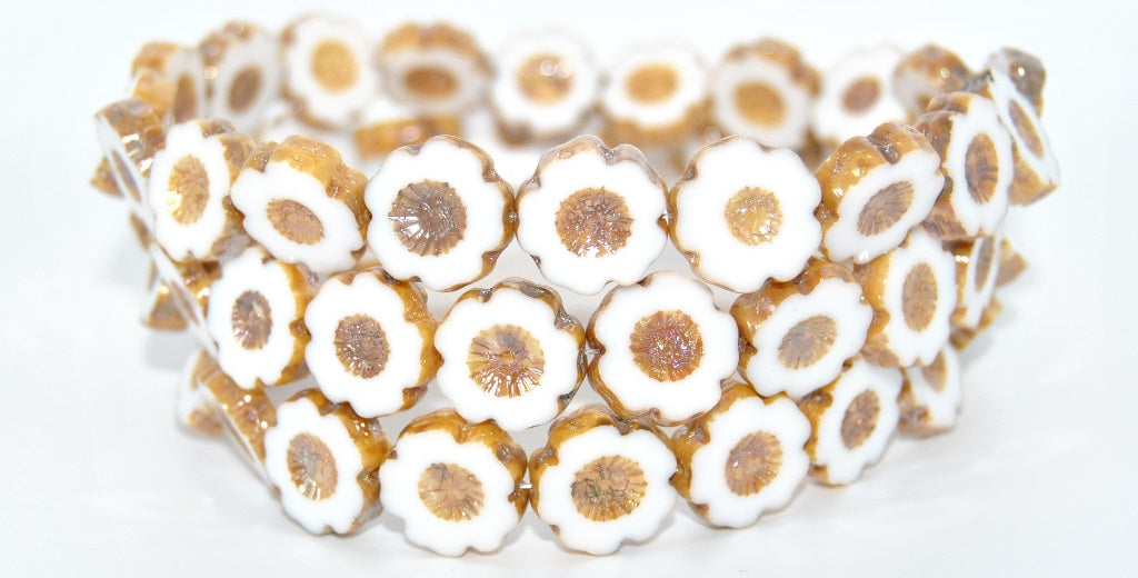 Table Cut Round Beads Hawaii Flowers, White Imitation Wood (02010-IMITATION-WOOD), Glass, Czech Republic