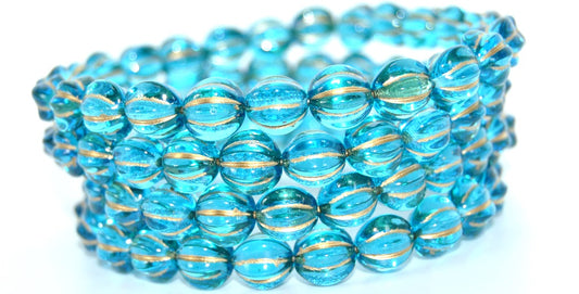 Melon Round Pressed Glass Beads With Stripes, Aqua Gold Lined (60030-54202), Glass, Czech Republic