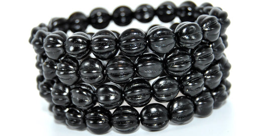 Melon Round Pressed Glass Beads With Stripes, Black (23980M), Glass, Czech Republic