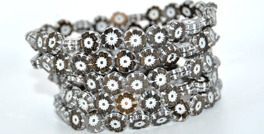 Table Cut Round Beads Hawaii Flowers, Mix Brown Crystal White Lined (16617-46401), Glass, Czech Republic