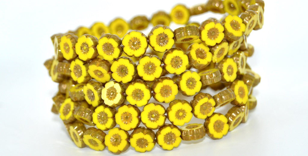 Table Cut Round Beads Hawaii Flowers, Yellow 86720 (83120-86720), Glass, Czech Republic