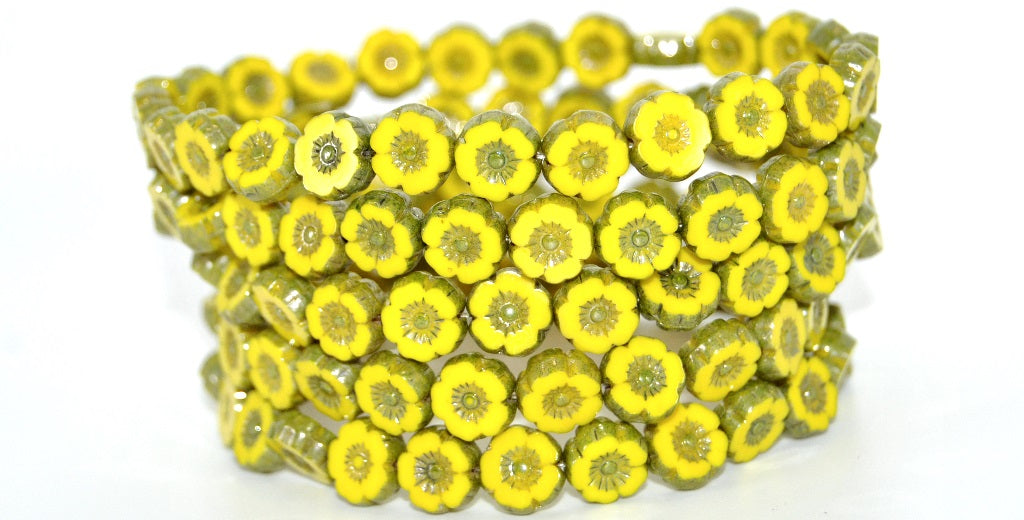 Table Cut Round Beads Hawaii Flowers, Yellow Luster Blue Full Coated (83120-14464), Glass, Czech Republic