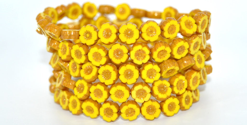 Table Cut Round Beads Hawaii Flowers, Yellow Luster Red Full Coated (83120-14495), Glass, Czech Republic