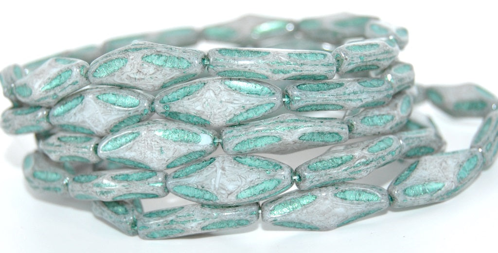 6-Petal Flower Pressed Glass Beads, White 34311 Light Blue Lined (02010-34311-43811), Glass, Czech Republic