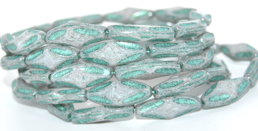 6-Petal Flower Pressed Glass Beads, White 34311 Light Blue Lined (02010-34311-43811), Glass, Czech Republic