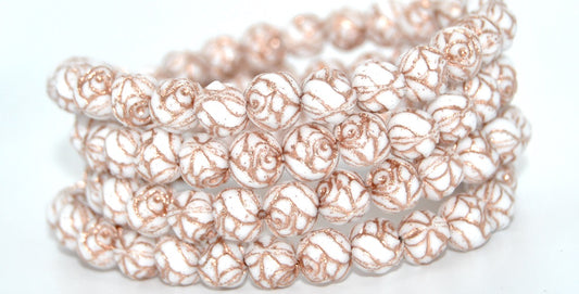 Round Rose Pressed Glass Beads, White Copper Lined (02010-54200), Glass, Czech Republic