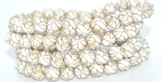 Round Rose Pressed Glass Beads, White Gold Lined (02010-54202), Glass, Czech Republic