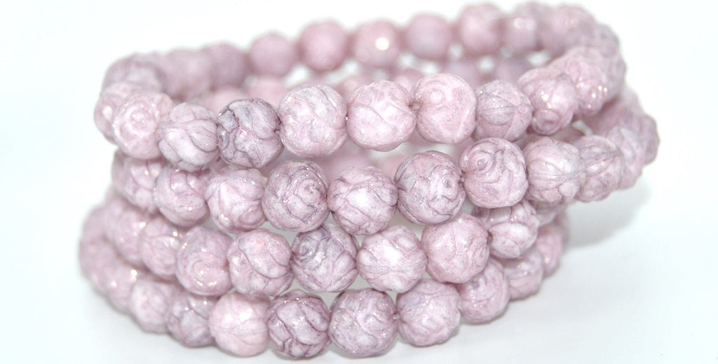 Round Rose Pressed Glass Beads, White Luster Lila (02010-14494), Glass, Czech Republic