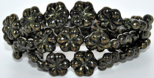 6-Petal Flower Pressed Glass Beads, Black Terracotta Red (23980-15495), Glass, Czech Republic