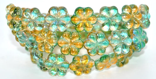 6-Petal Flower Pressed Glass Beads, Crystal Glossy Green Gold (00030-48124), Glass, Czech Republic