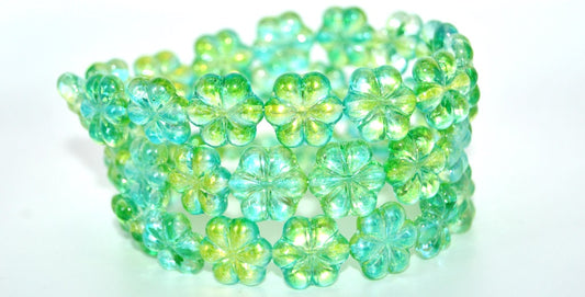 6-Petal Flower Pressed Glass Beads, Crystal Glossy Green Yellow (00030-48110), Glass, Czech Republic