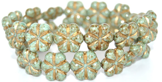 6-Petal Flower Pressed Glass Beads, White Stain Strong Gold Lined 34308 (02010-86805-54202-34308), Glass, Czech Republic